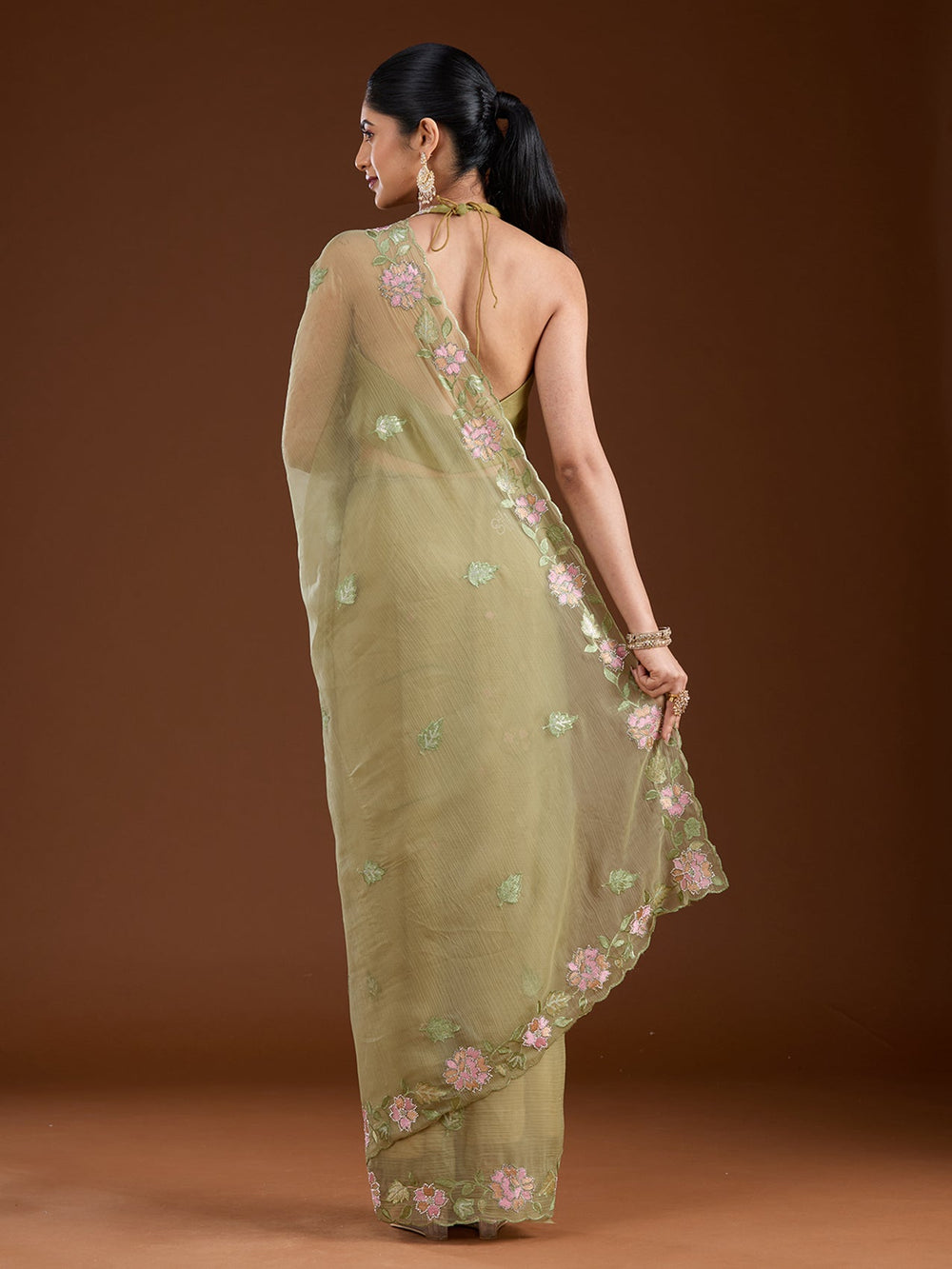 Pista Green Threadwork Chiffon Saree-Koskii