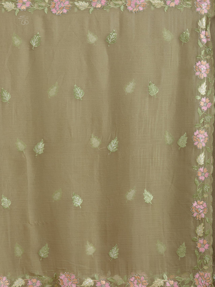 Pista Green Threadwork Chiffon Saree-Koskii