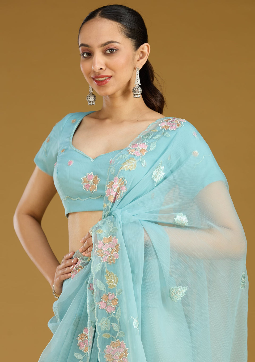 Sky Blue Threadwork Chiffon Saree