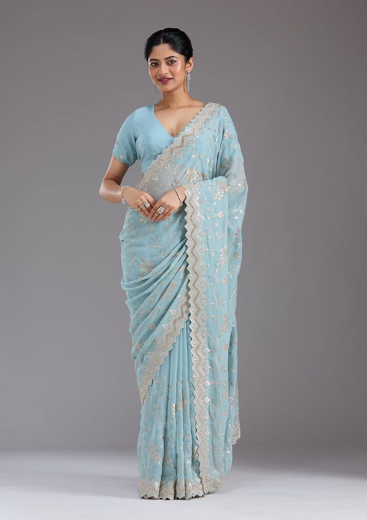 Sky Blue Zariwork (Gold) Georgette Saree_koskii