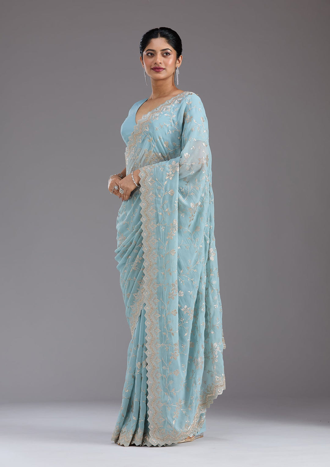 Sky Blue Zariwork (Gold) Georgette Saree_koskii