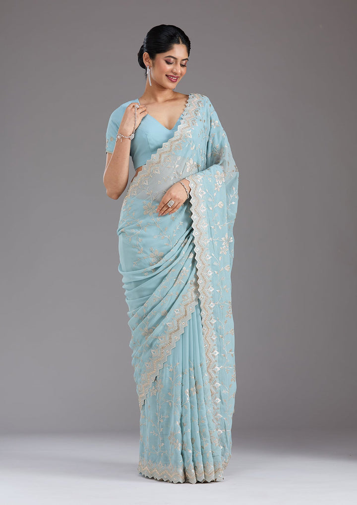 Sky Blue Zariwork (Gold) Georgette Saree_koskii