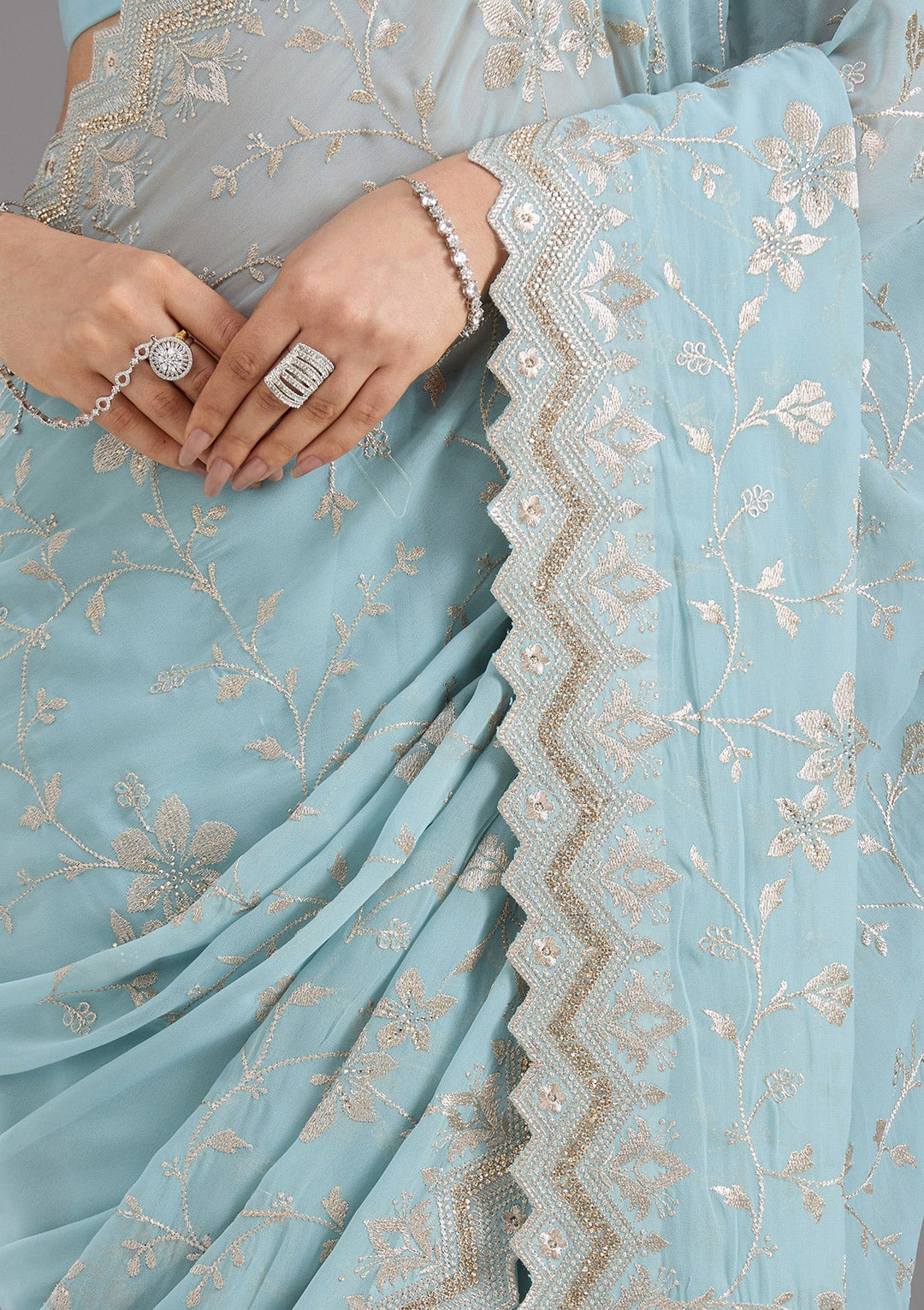 Sky Blue Zariwork (Gold) Georgette Saree_koskii