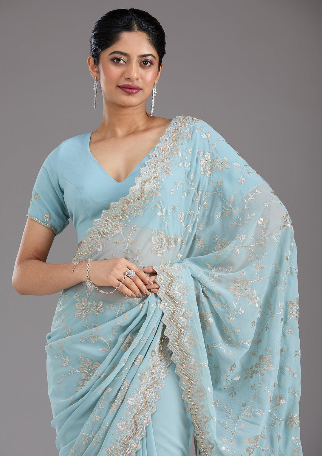 Sky Blue Zariwork (Gold) Georgette Saree_koskii
