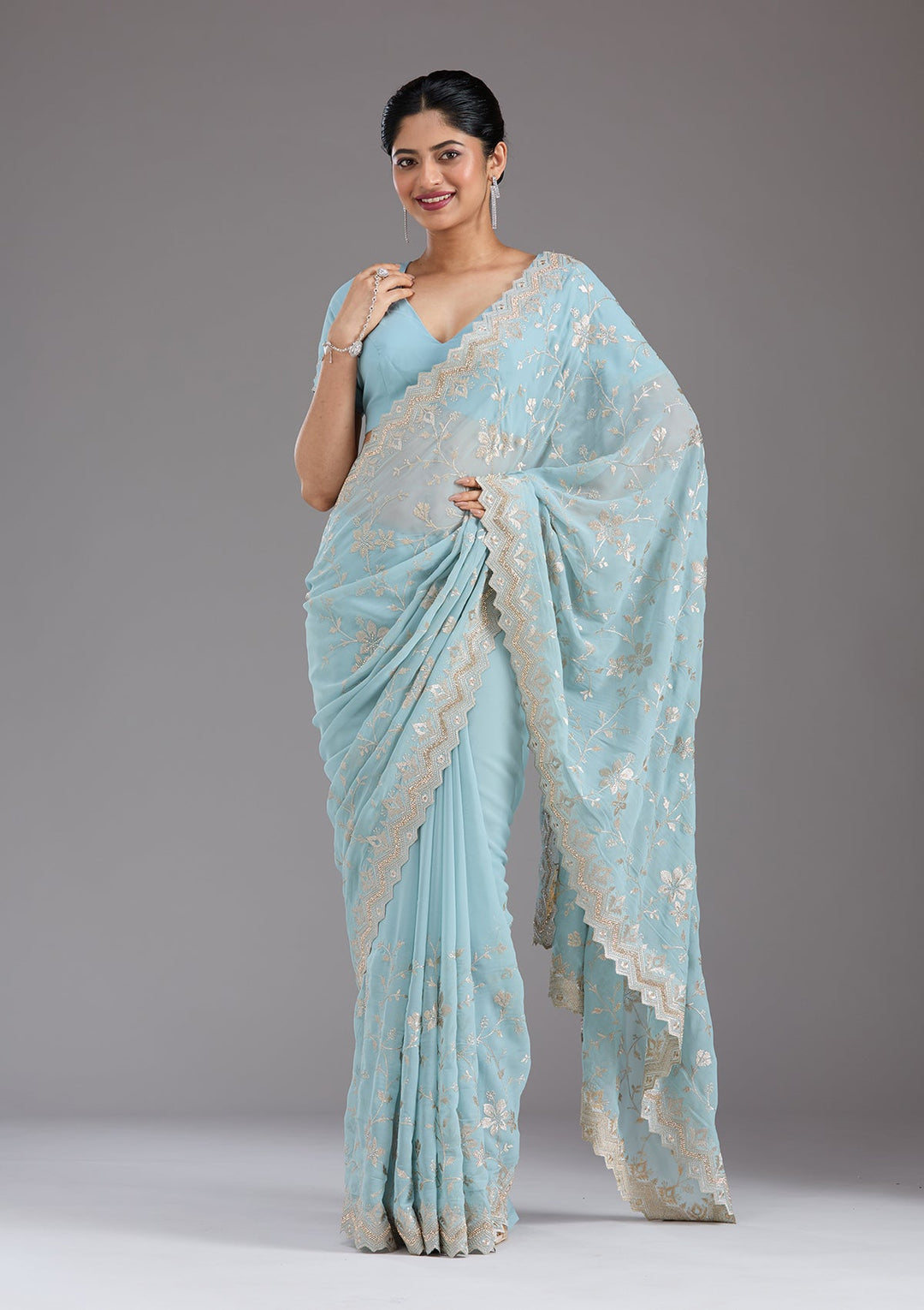 Sky Blue Zariwork (Gold) Georgette Saree_koskii