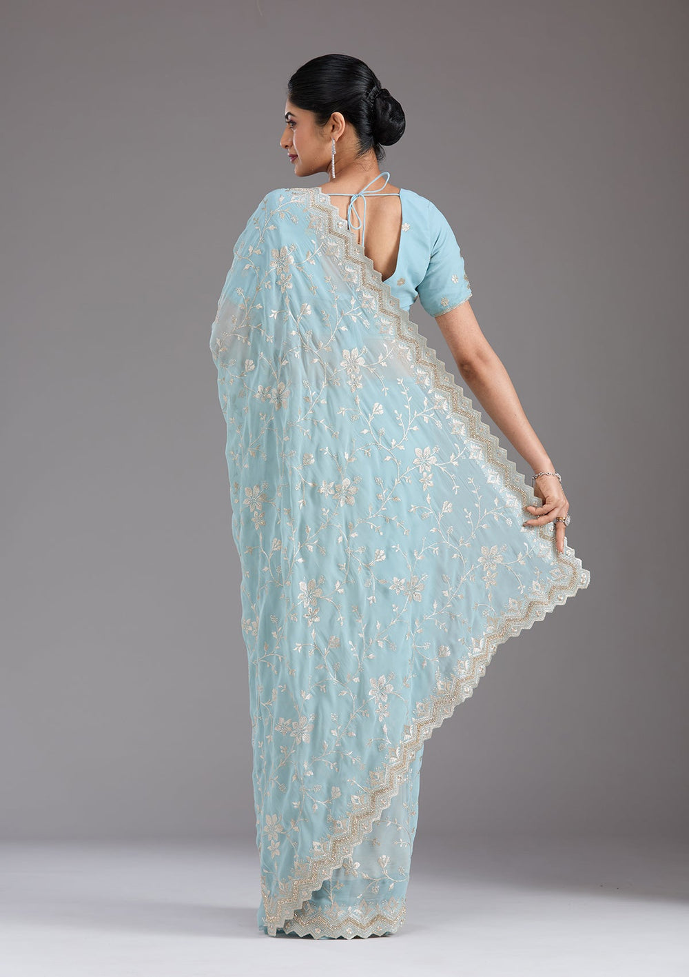 Sky Blue Zariwork (Gold) Georgette Saree_koskii