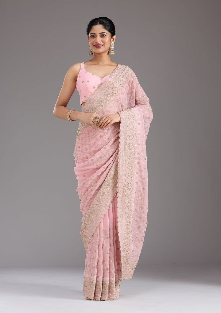 Baby Pink Zariwork (Gold) Georgette Saree_koskii