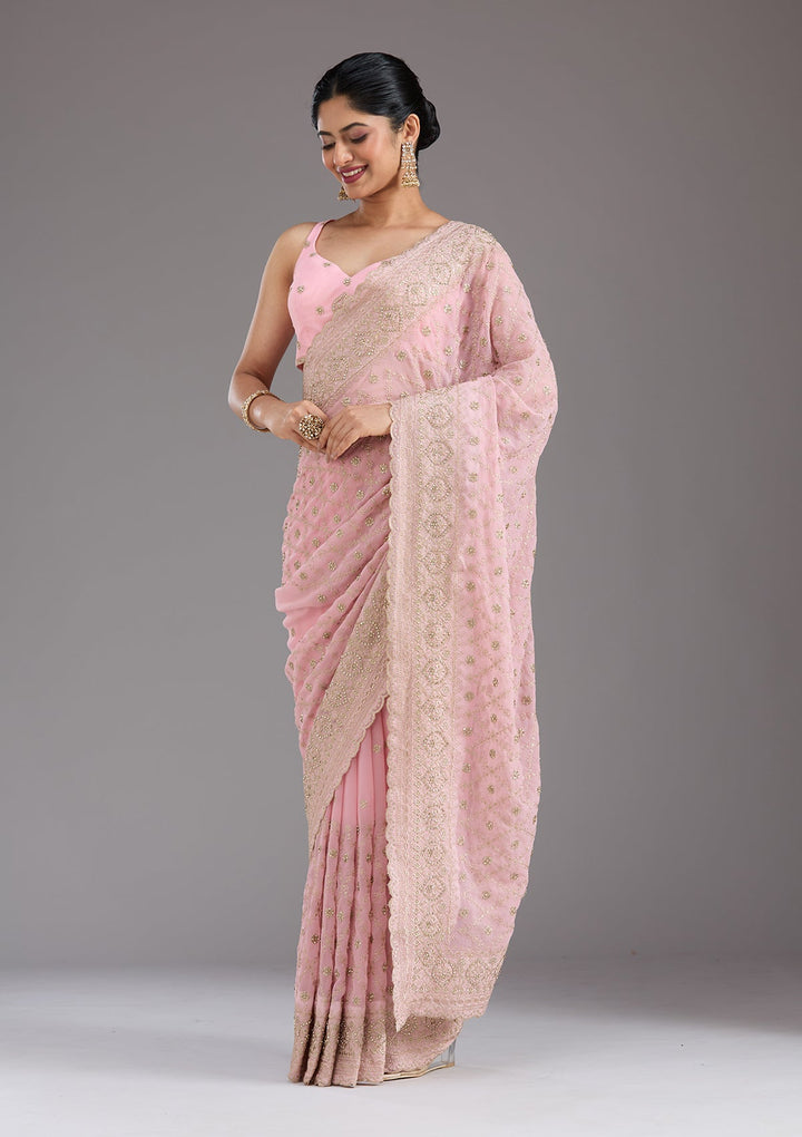 Baby Pink Zariwork (Gold) Georgette Saree_koskii