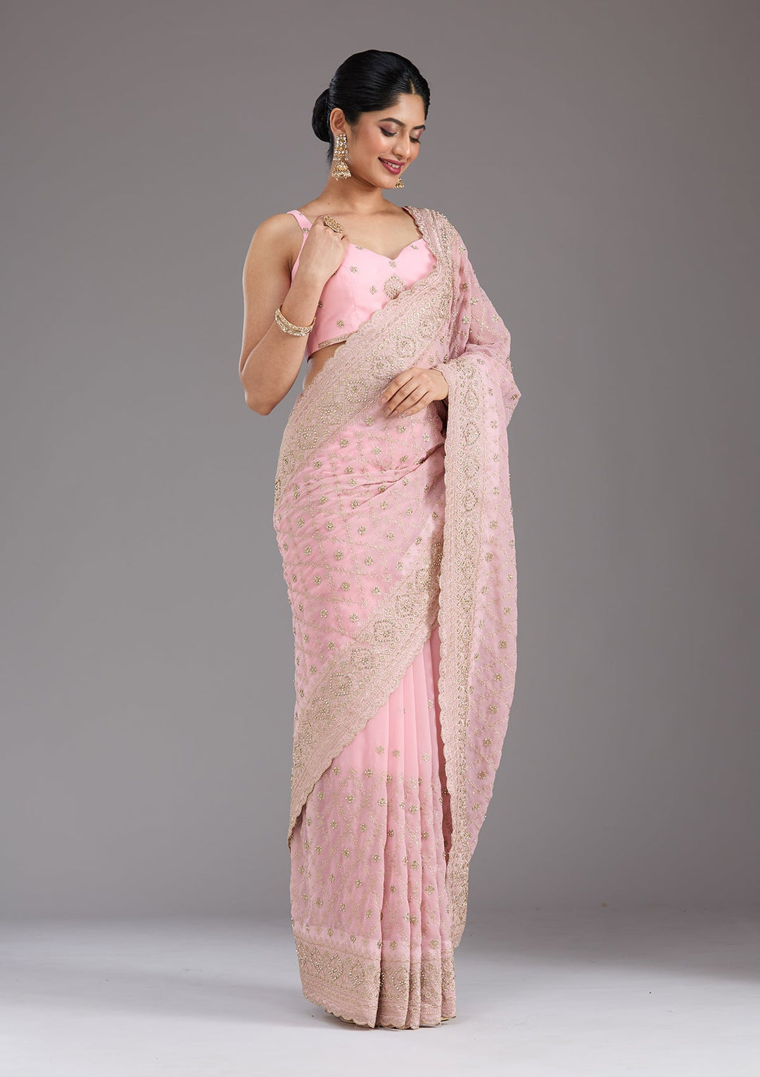 Baby Pink Zariwork (Gold) Georgette Saree_koskii