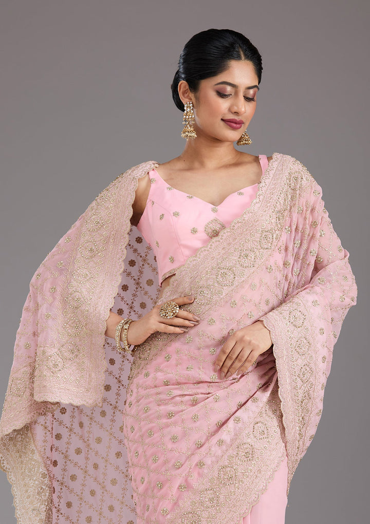 Baby Pink Zariwork (Gold) Georgette Saree_koskii