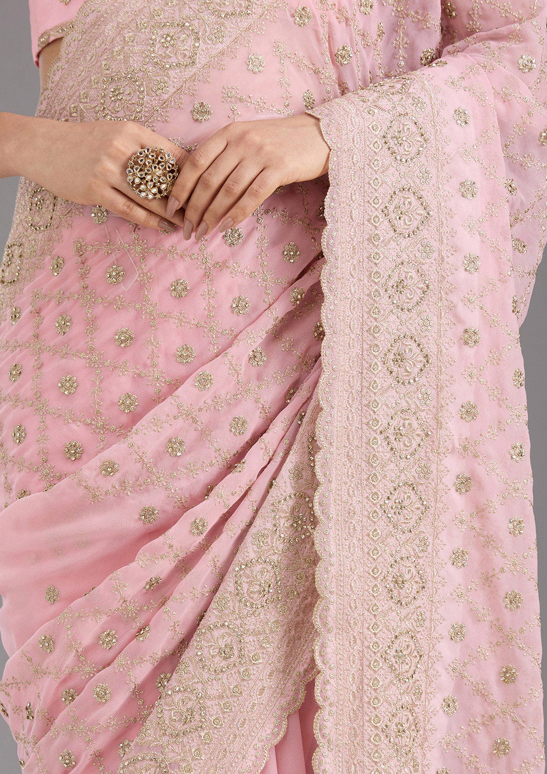 Baby Pink Zariwork (Gold) Georgette Saree_koskii