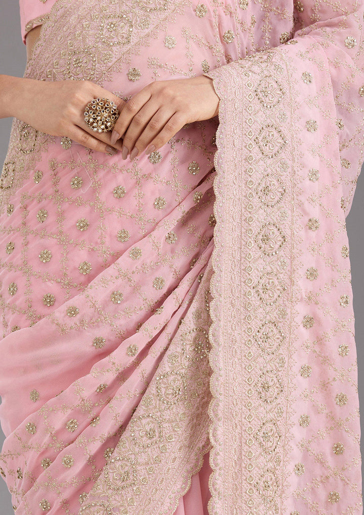Baby Pink Zariwork (Gold) Georgette Saree_koskii