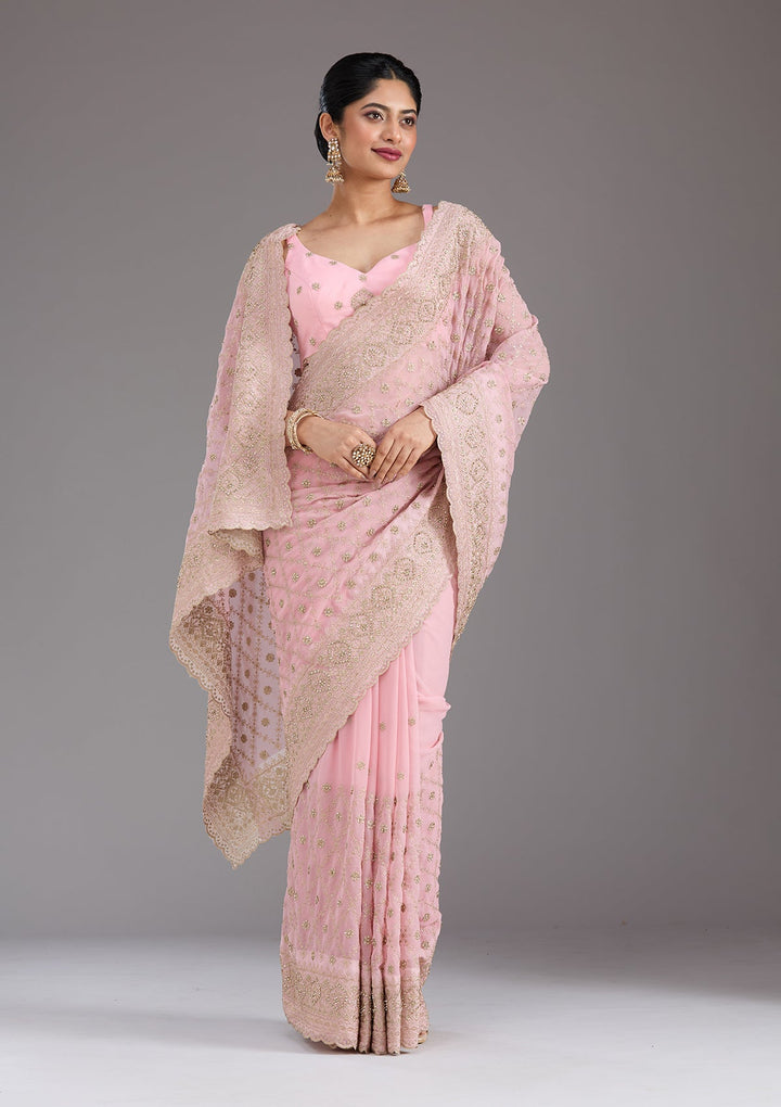 Baby Pink Zariwork (Gold) Georgette Saree_koskii