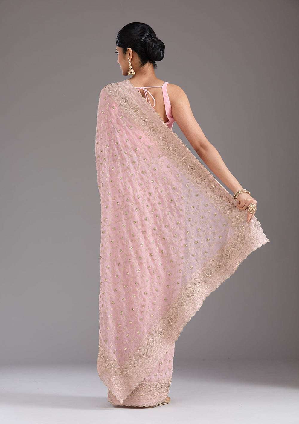 Baby Pink Zariwork (Gold) Georgette Saree_koskii