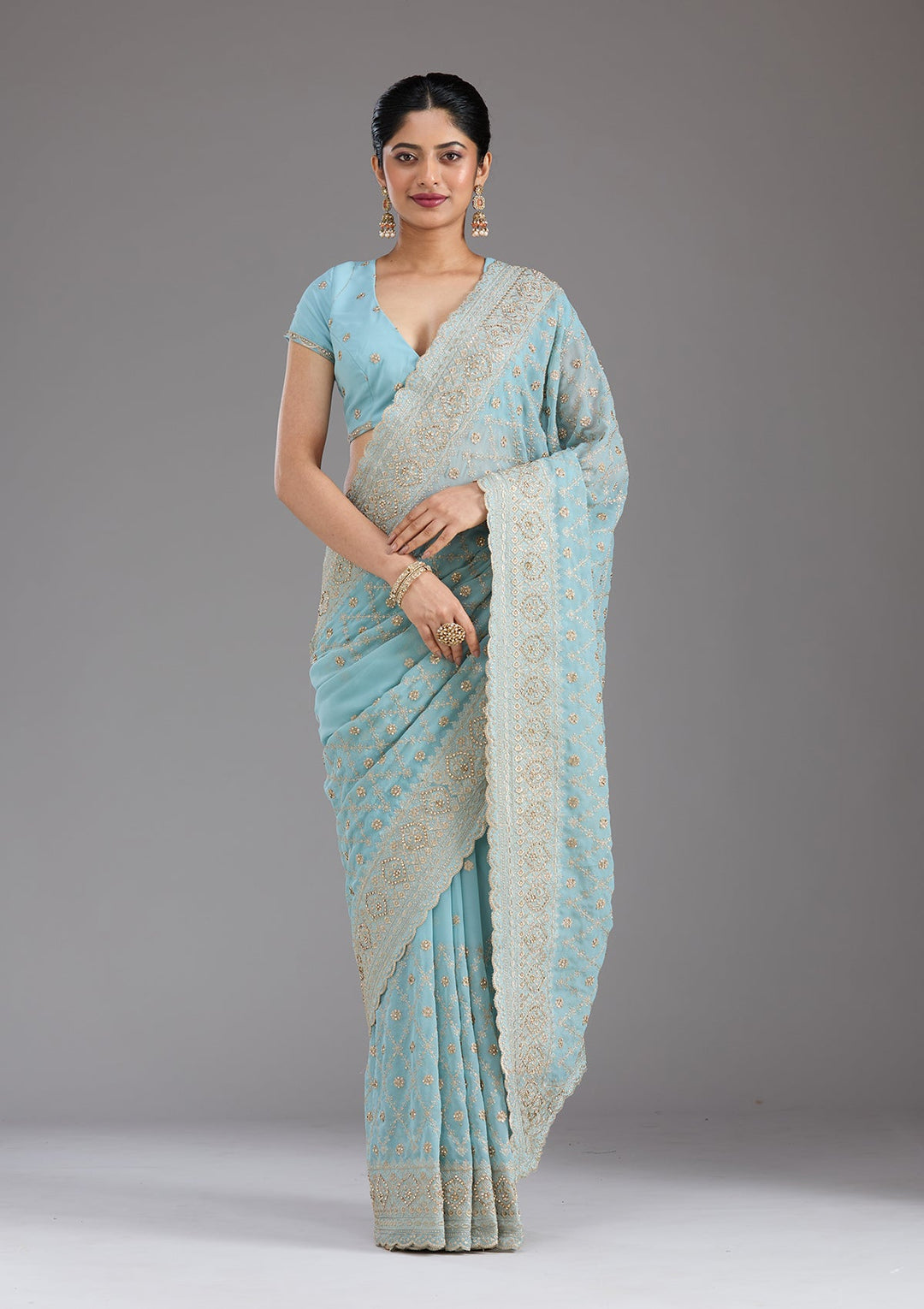 Sky Blue Zariwork (Gold) Georgette Saree_koskii