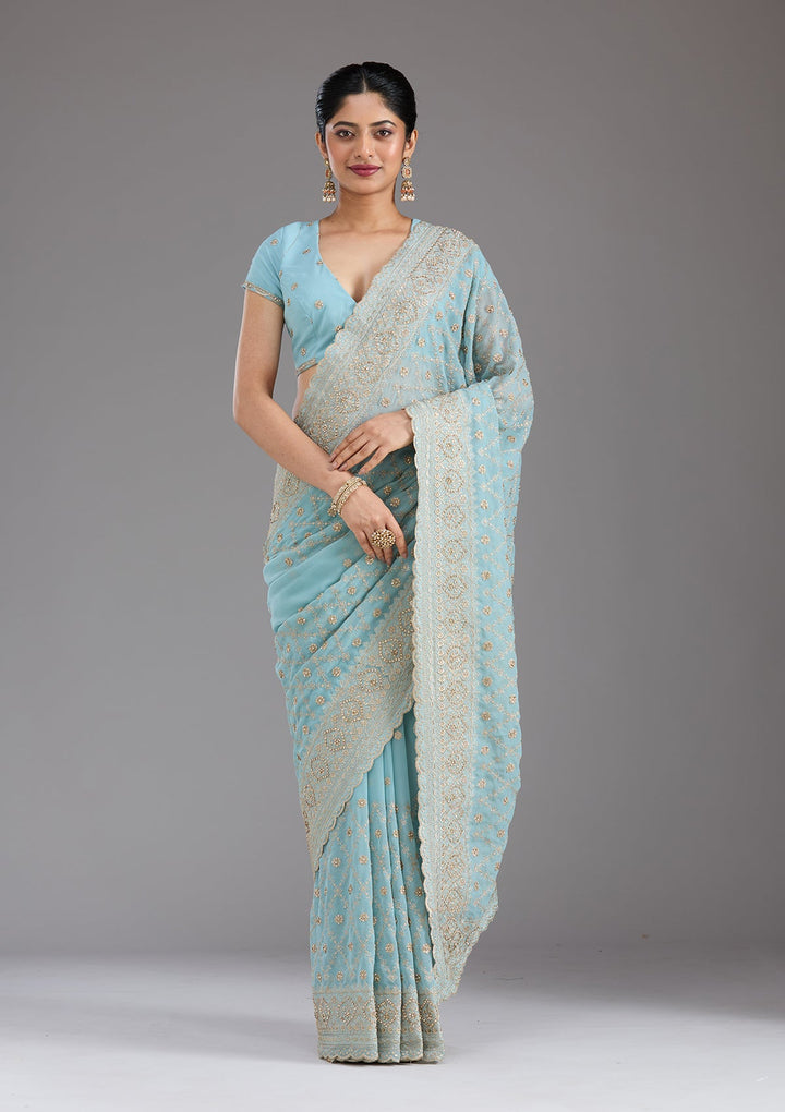 Sky Blue Zariwork (Gold) Georgette Saree_koskii