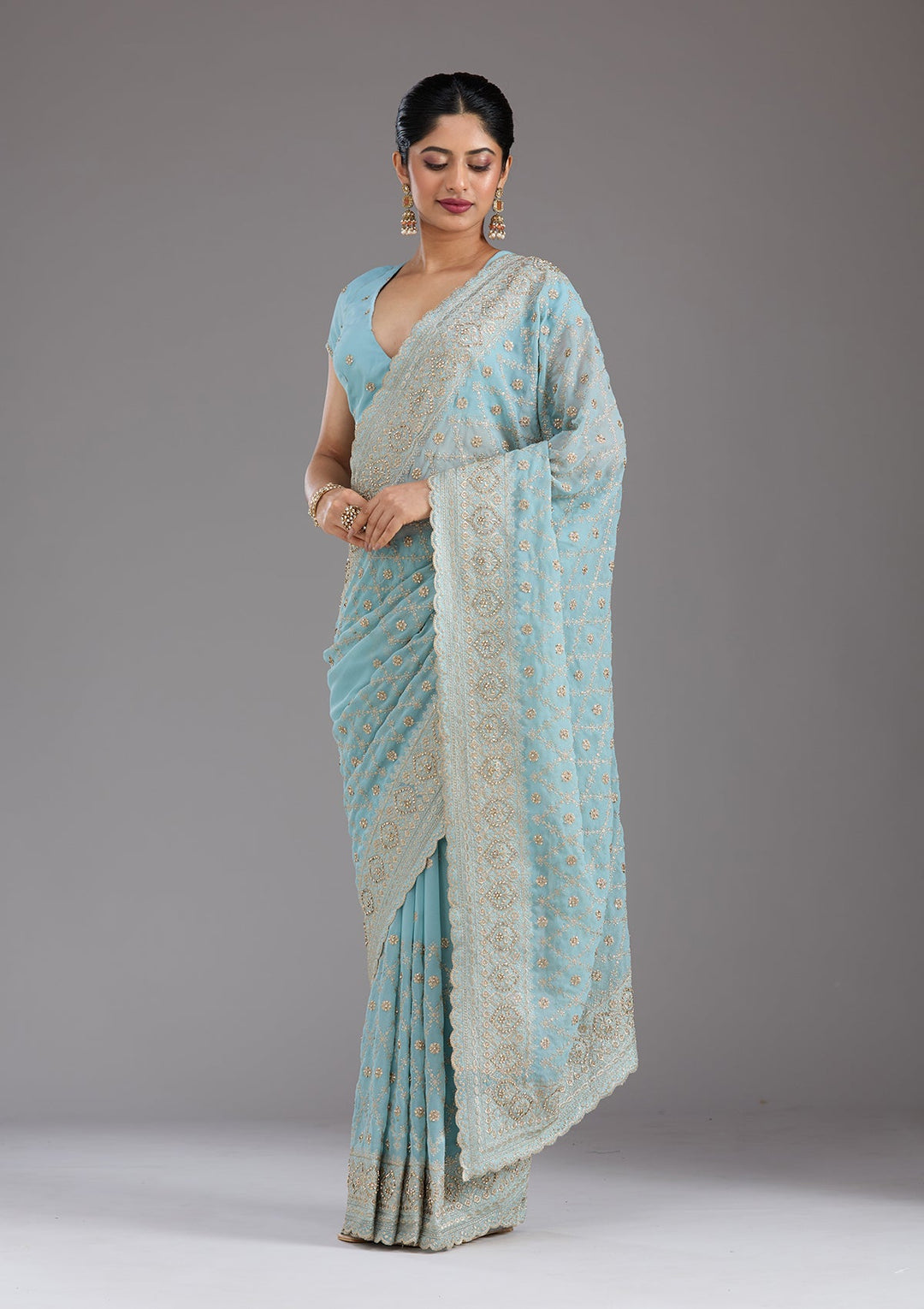 Sky Blue Zariwork (Gold) Georgette Saree_koskii