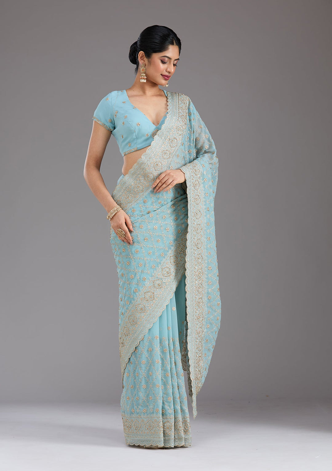 Sky Blue Zariwork (Gold) Georgette Saree_koskii