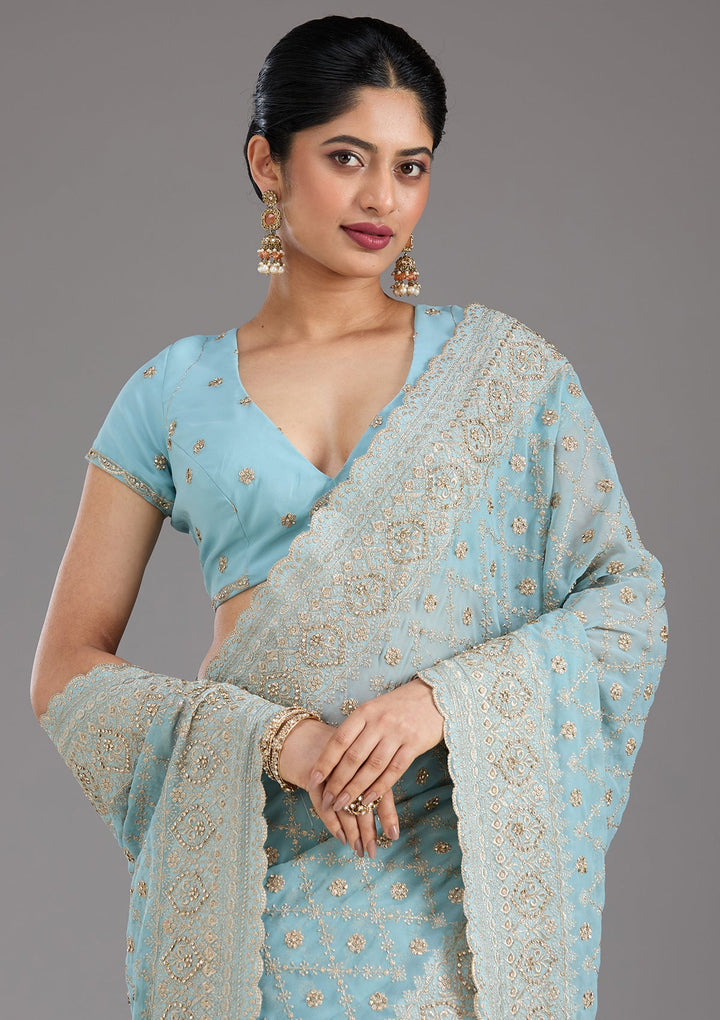 Sky Blue Zariwork (Gold) Georgette Saree_koskii