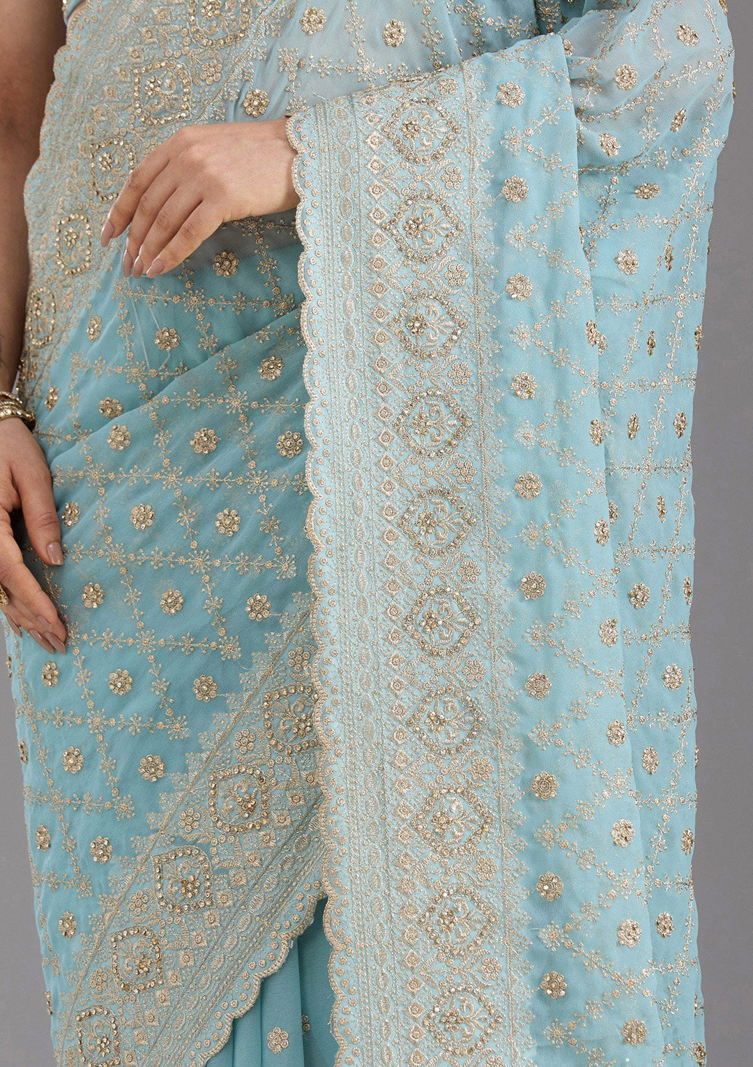 Sky Blue Zariwork (Gold) Georgette Saree_koskii