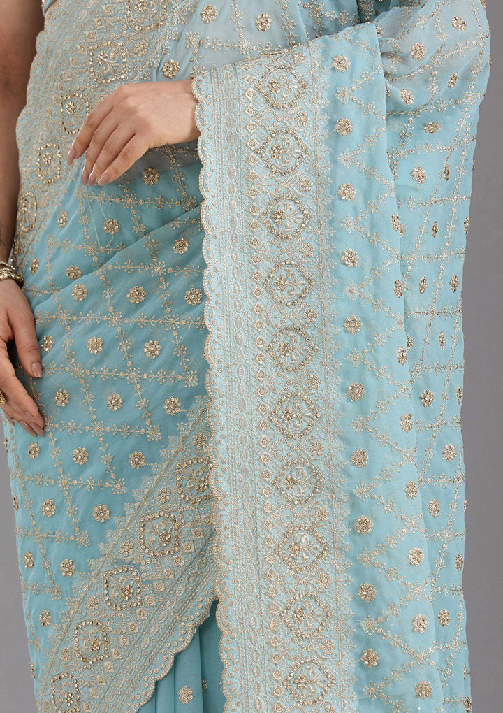 Sky Blue Zariwork (Gold) Georgette Saree_koskii