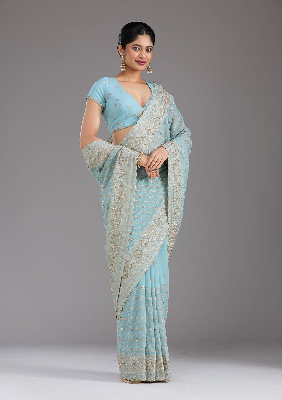 Sky Blue Zariwork (Gold) Georgette Saree_koskii