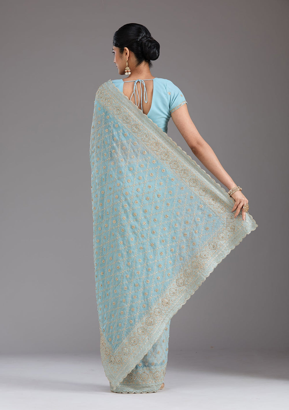 Sky Blue Zariwork (Gold) Georgette Saree_koskii