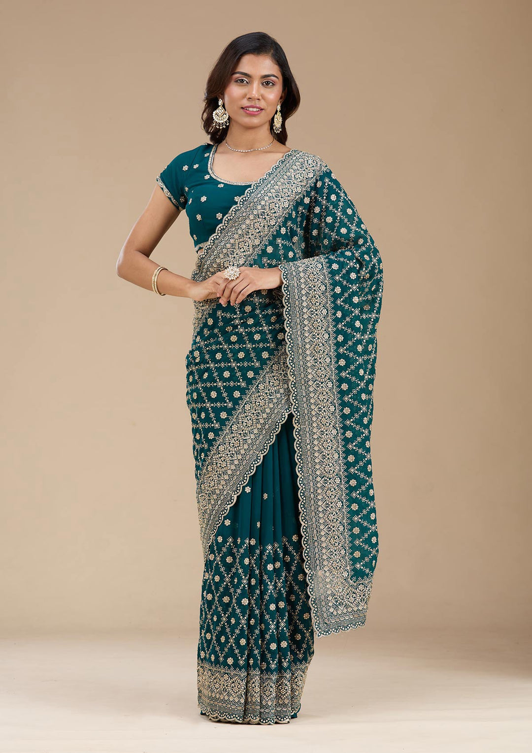 Rama Green Zariwork (Gold) Georgette Saree_koskii
