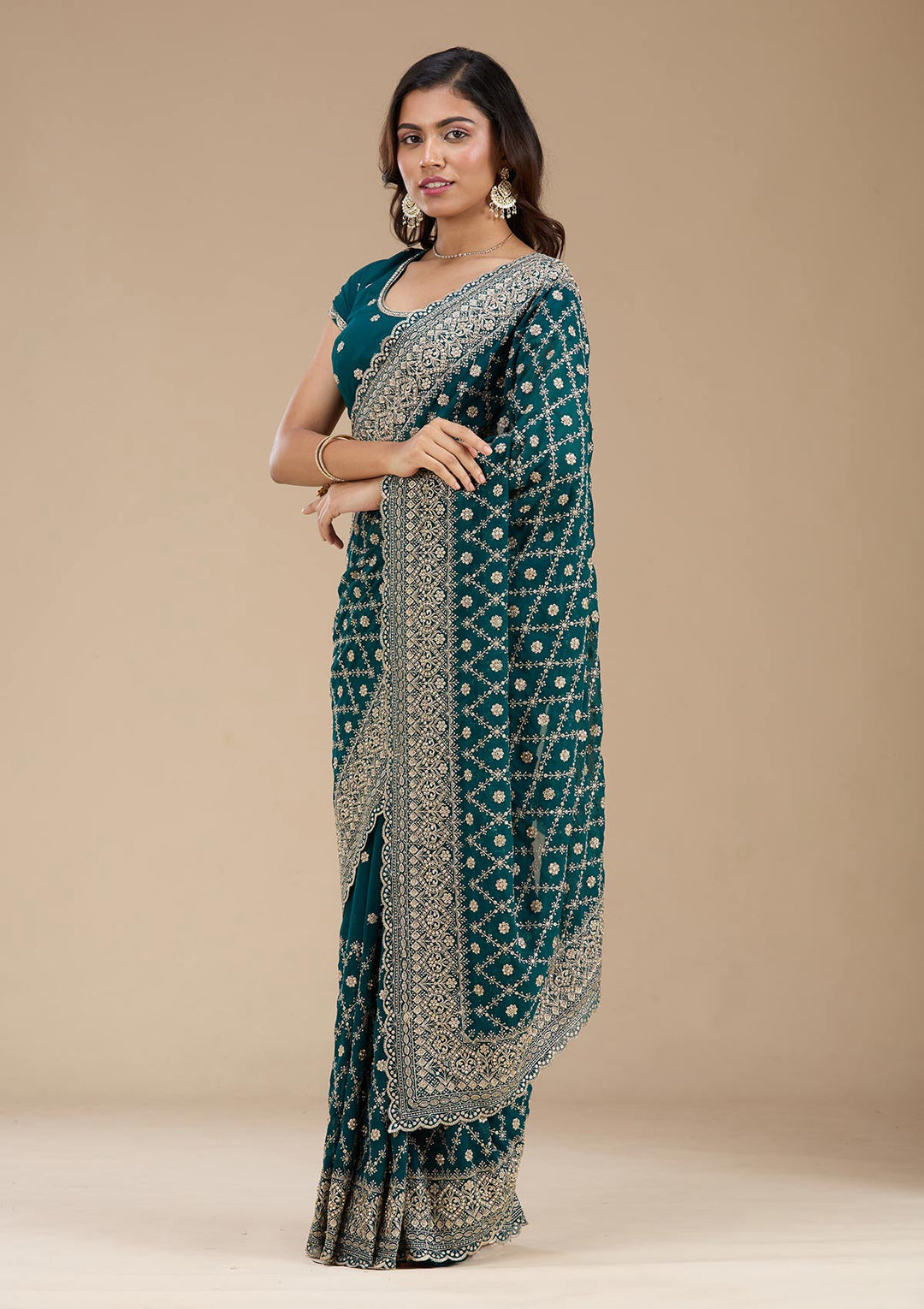 Rama Green Zariwork (Gold) Georgette Saree_koskii