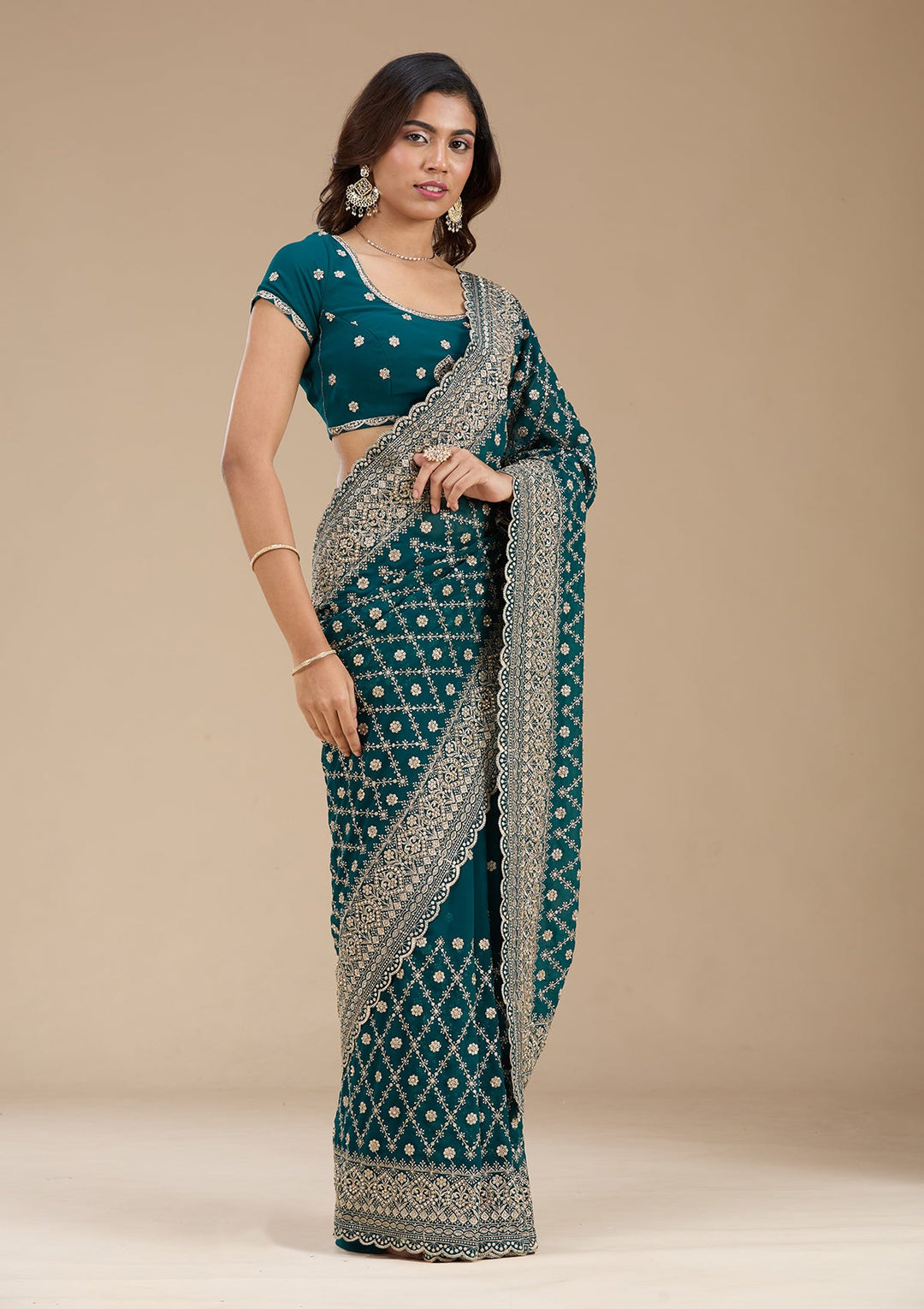 Rama Green Zariwork (Gold) Georgette Saree_koskii