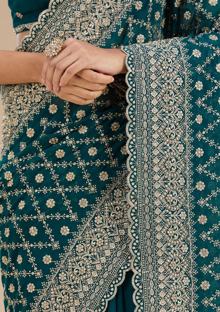 Rama Green Zariwork (Gold) Georgette Saree_koskii