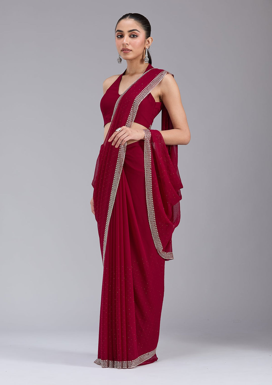 Maroon Stonework (Gold) Georgette Saree_koskii