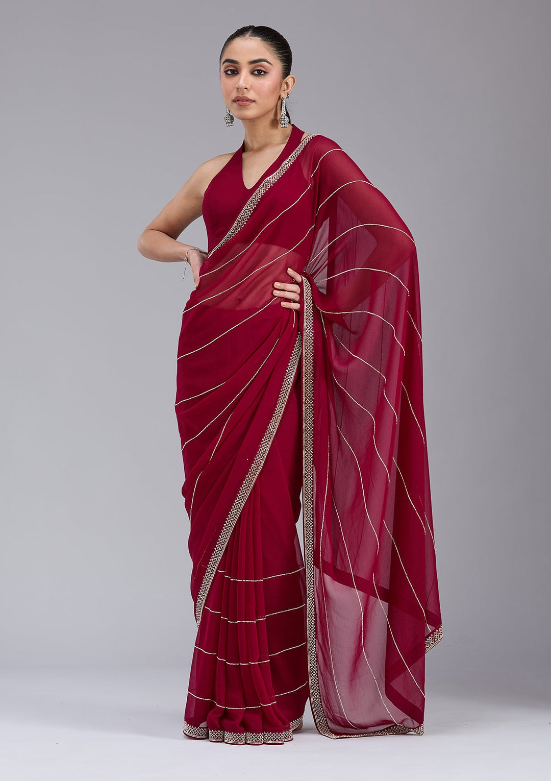 Maroon Stonework (Gold) Georgette Saree_koskii