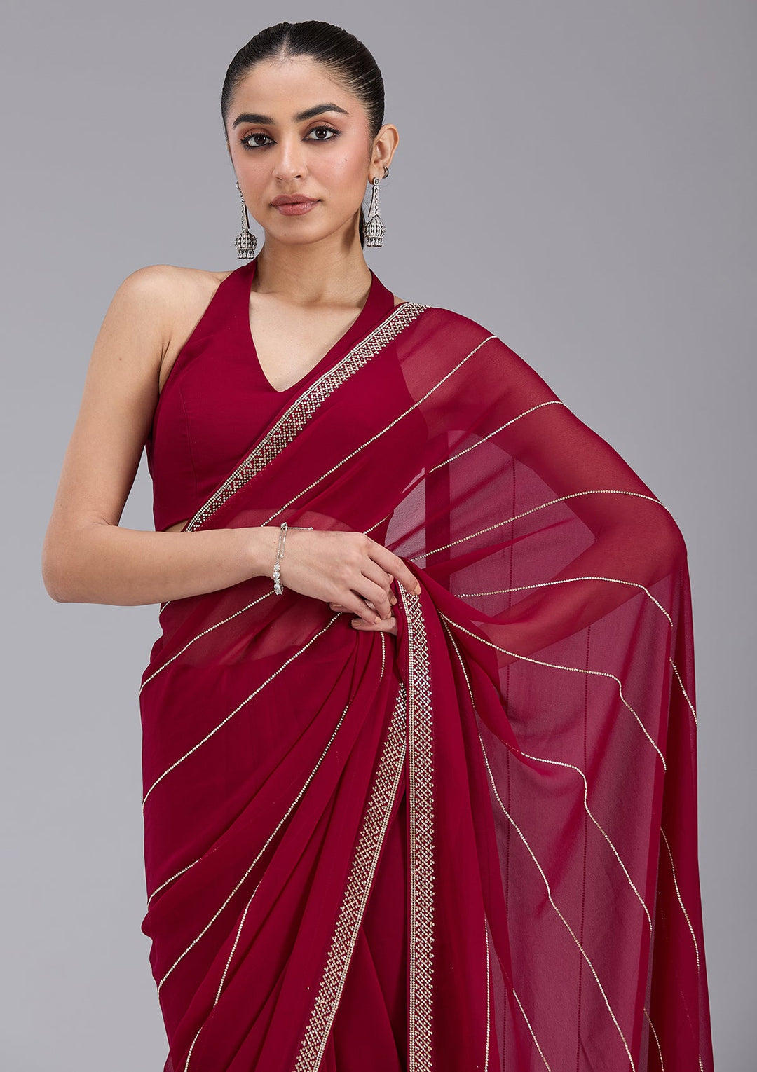 Maroon Stonework (Gold) Georgette Saree_koskii