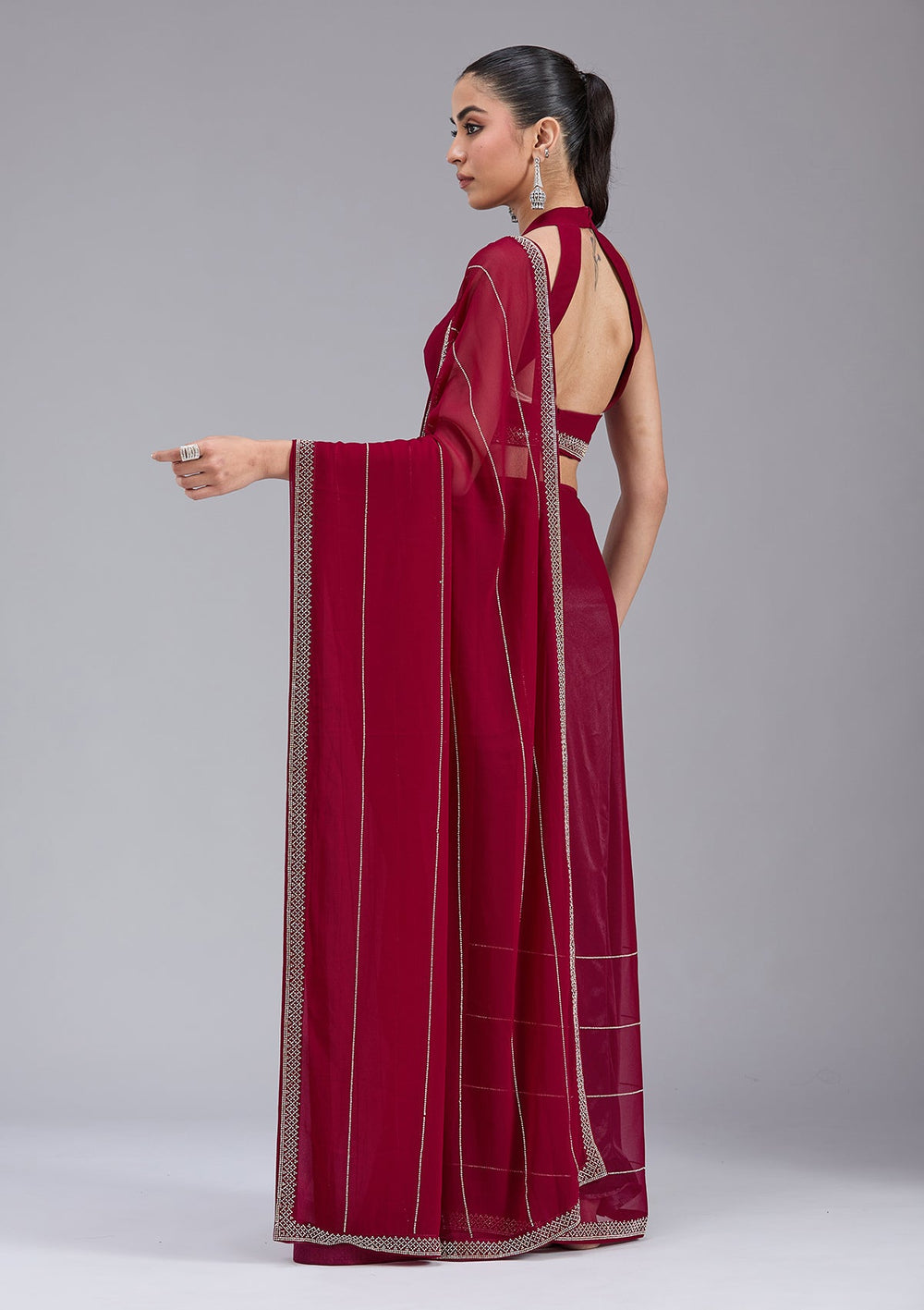Maroon Stonework (Gold) Georgette Saree_koskii