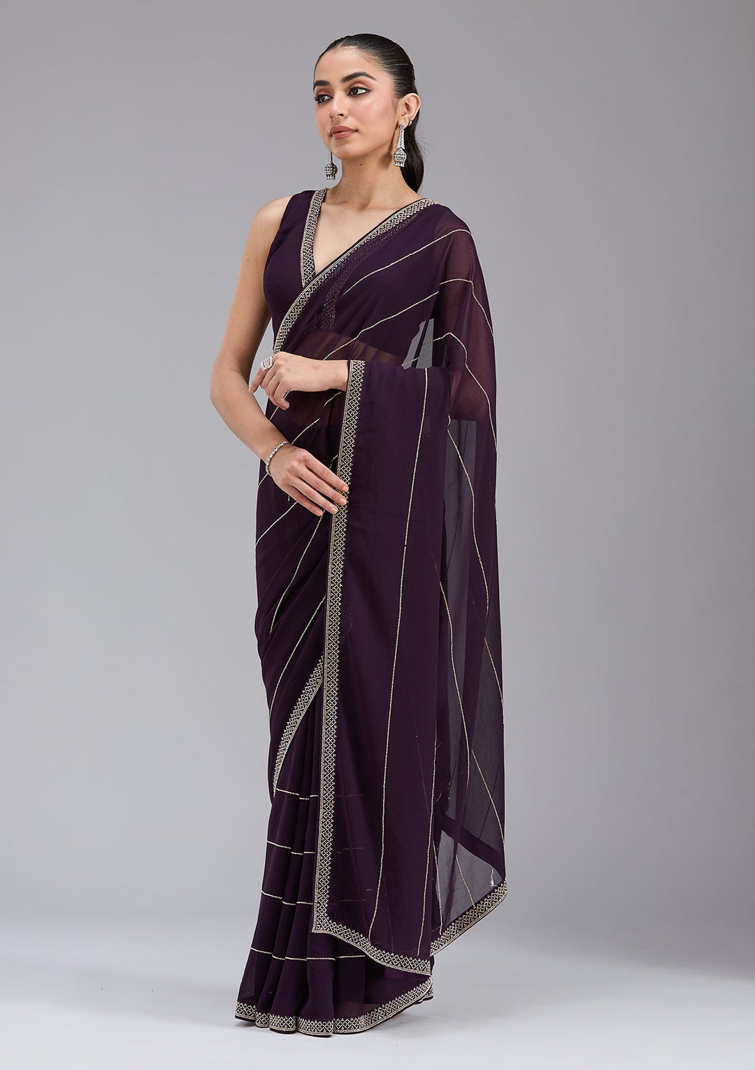 Purple Stonework (Gold) Georgette Saree_koskii