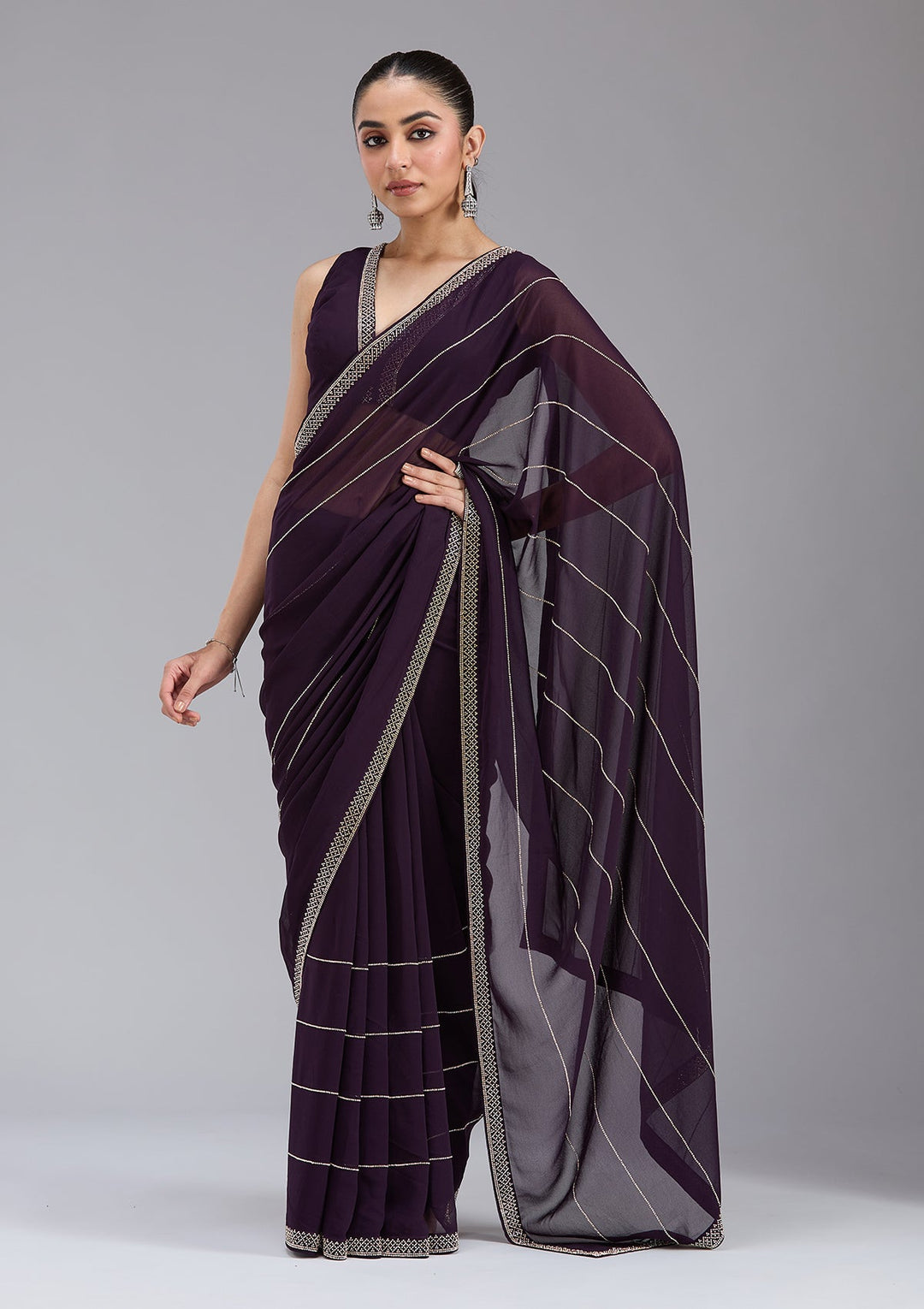 Purple Stonework (Gold) Georgette Saree_koskii