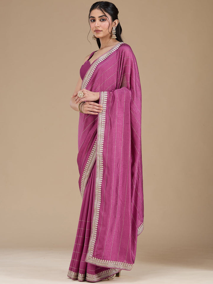 Dark Lavender Zariwork (Silver) Soft Raw Silk Saree-koskii