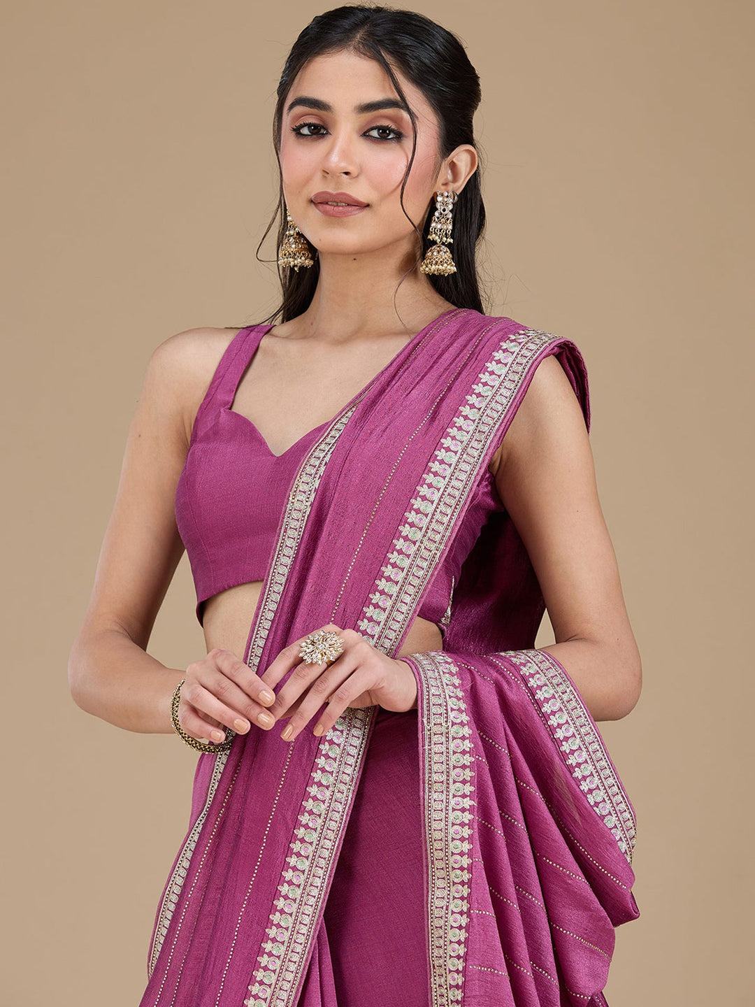 Dark Lavender Zariwork (Silver) Soft Raw Silk Saree-koskii