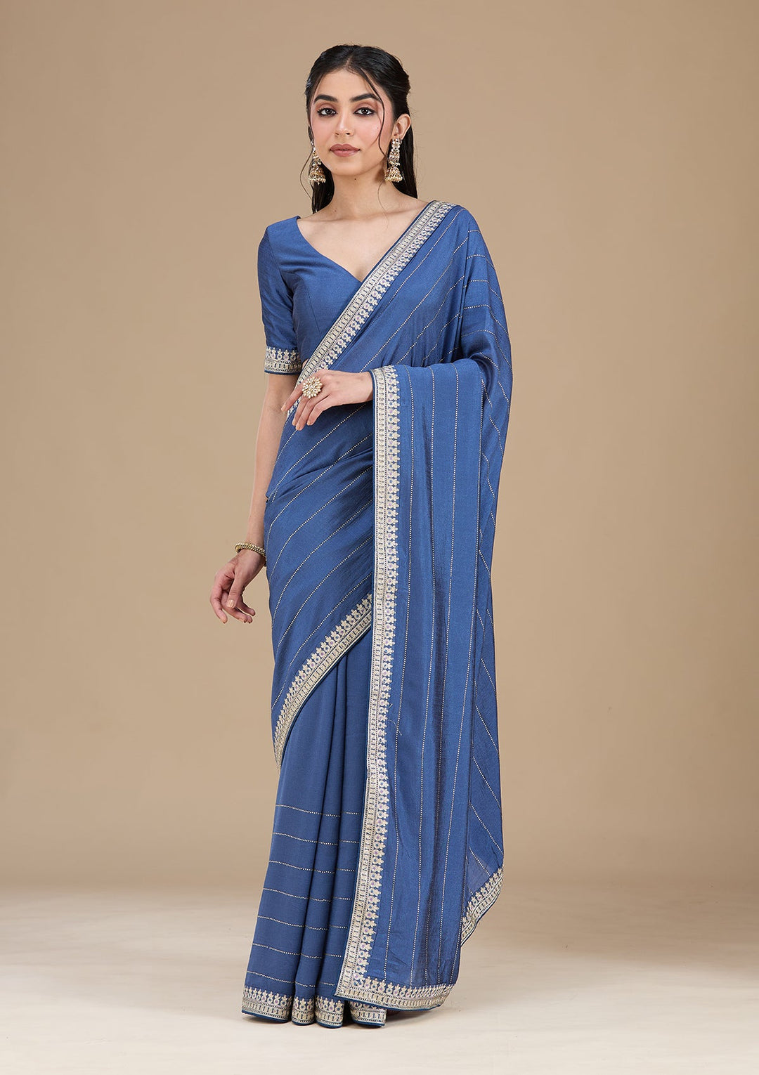 Navy Blue Zariwork (Silver) Soft Raw Silk Saree_koskii