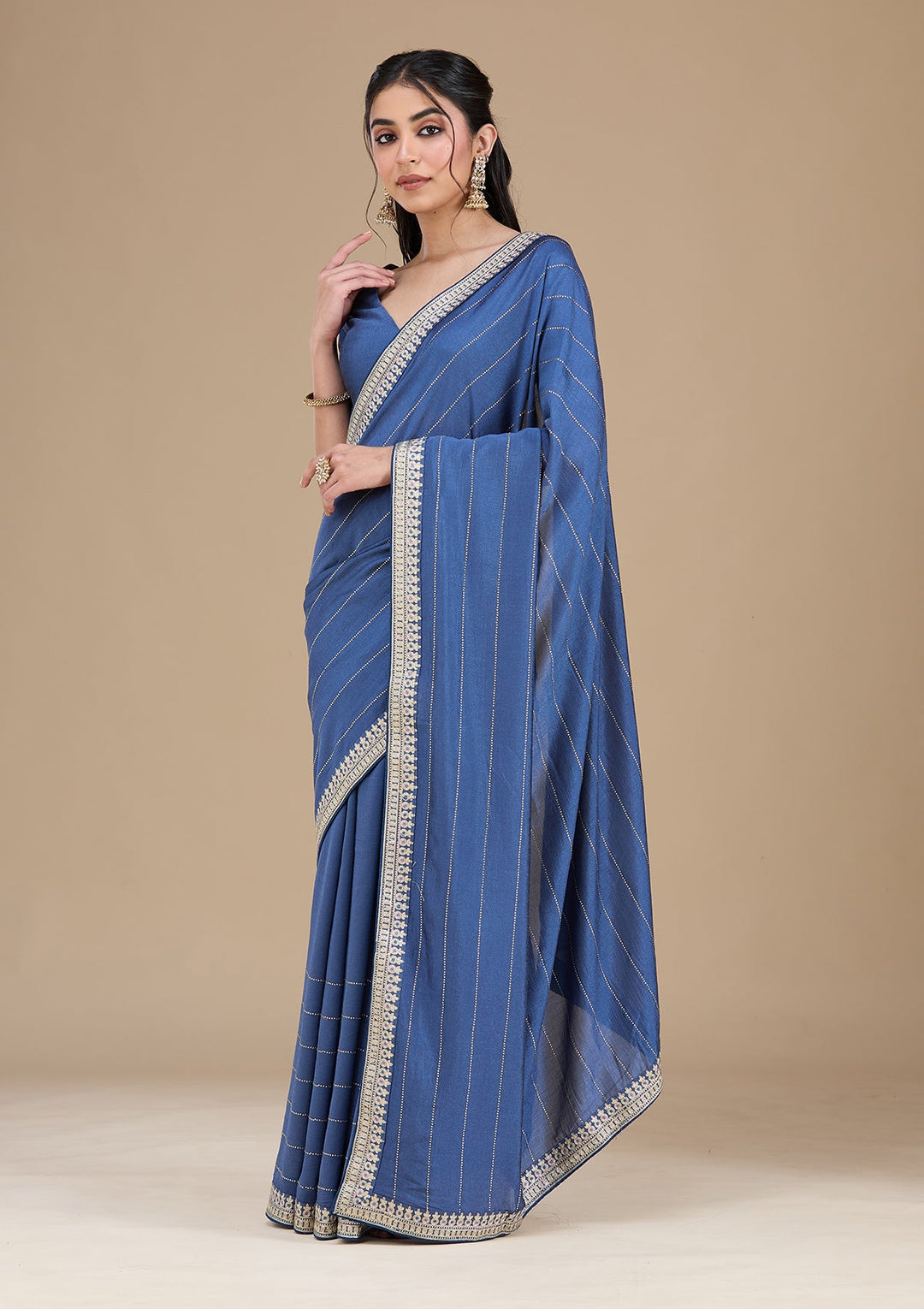 Navy Blue Zariwork (Silver) Soft Raw Silk Saree_koskii
