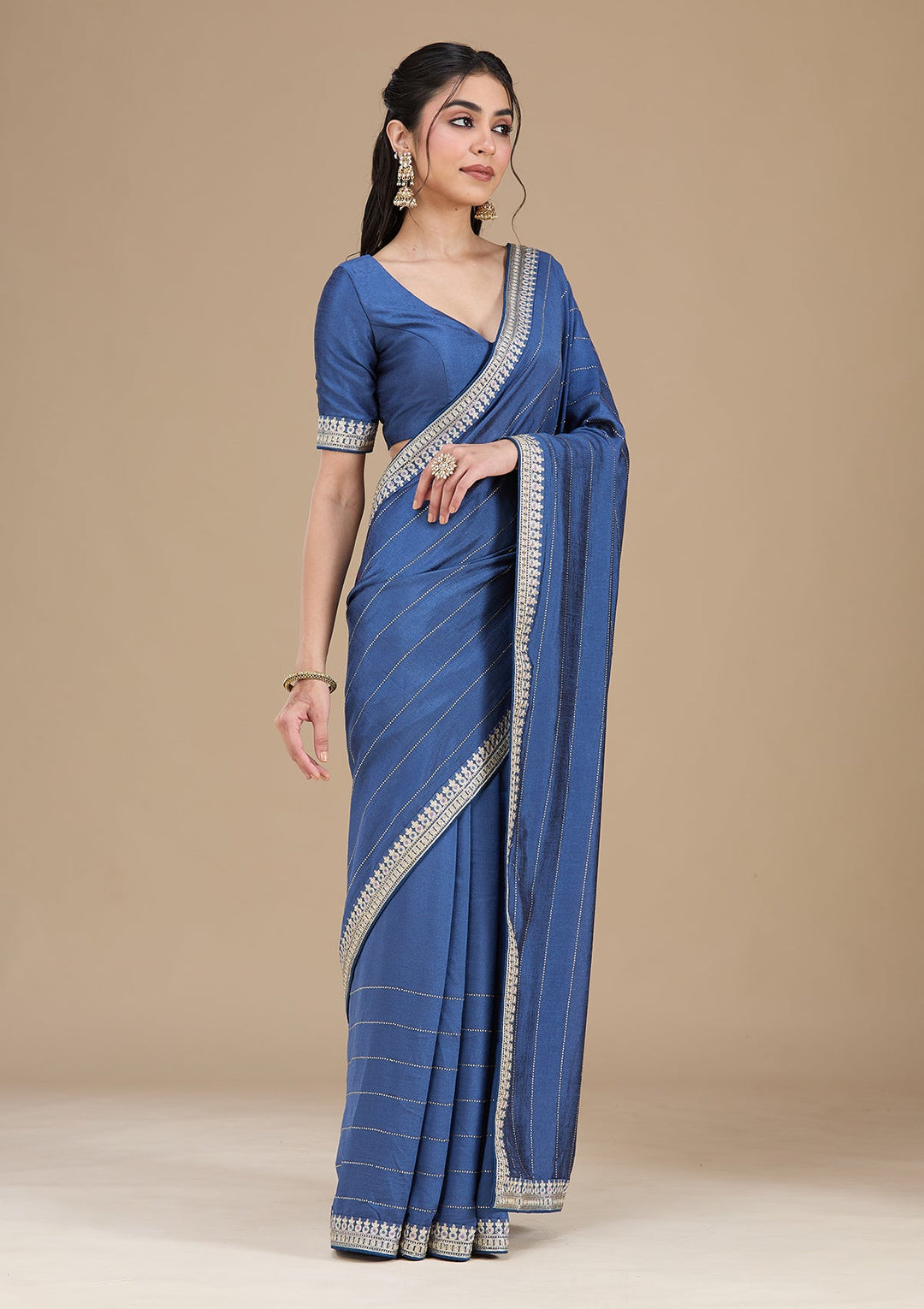 Navy Blue Zariwork (Silver) Soft Raw Silk Saree_koskii