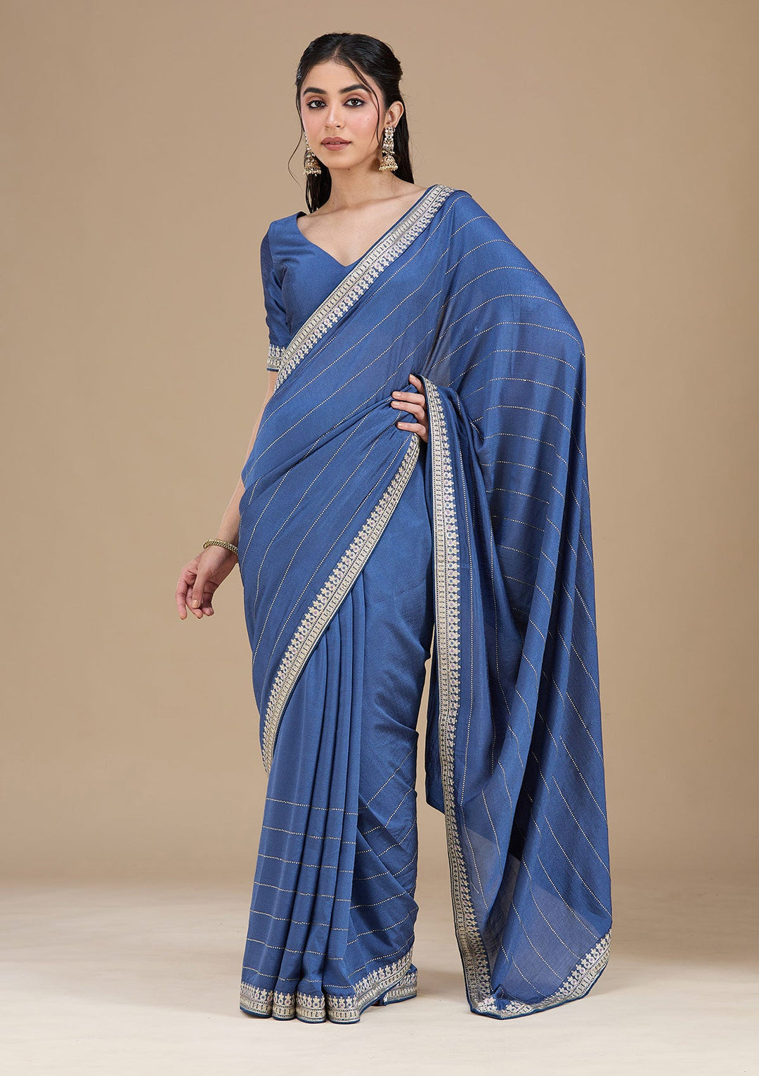 Navy Blue Zariwork (Silver) Soft Raw Silk Saree_koskii