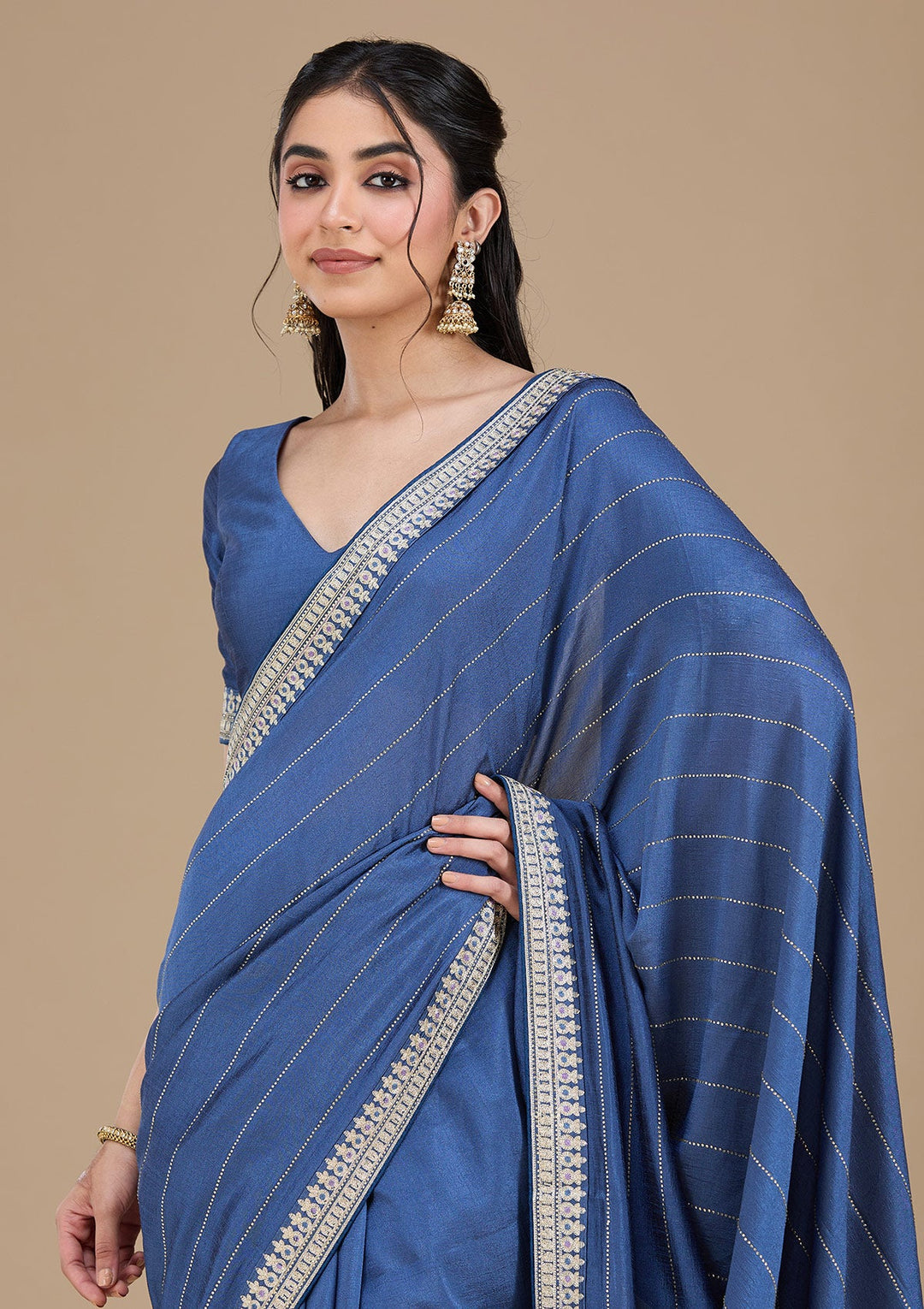 Navy Blue Zariwork (Silver) Soft Raw Silk Saree_koskii