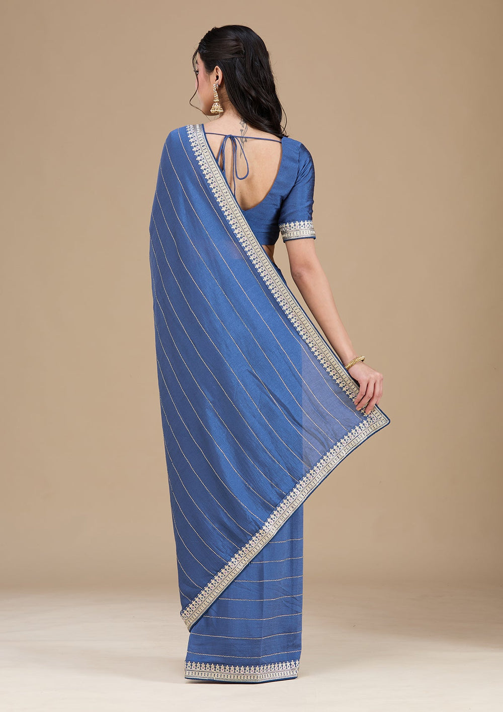 Navy Blue Zariwork (Silver) Soft Raw Silk Saree_koskii