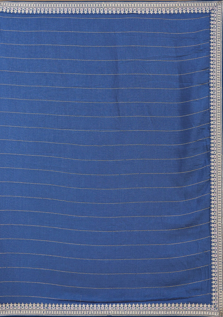Navy Blue Zariwork (Silver) Soft Raw Silk Saree_koskii