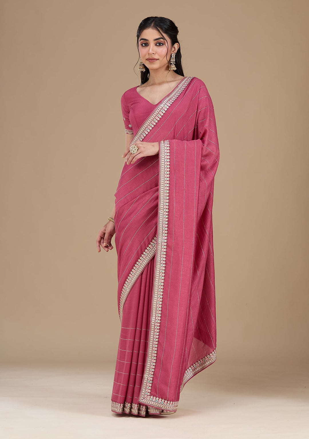 Onion Pink Zariwork (Silver) Soft Raw Silk Saree_koskii