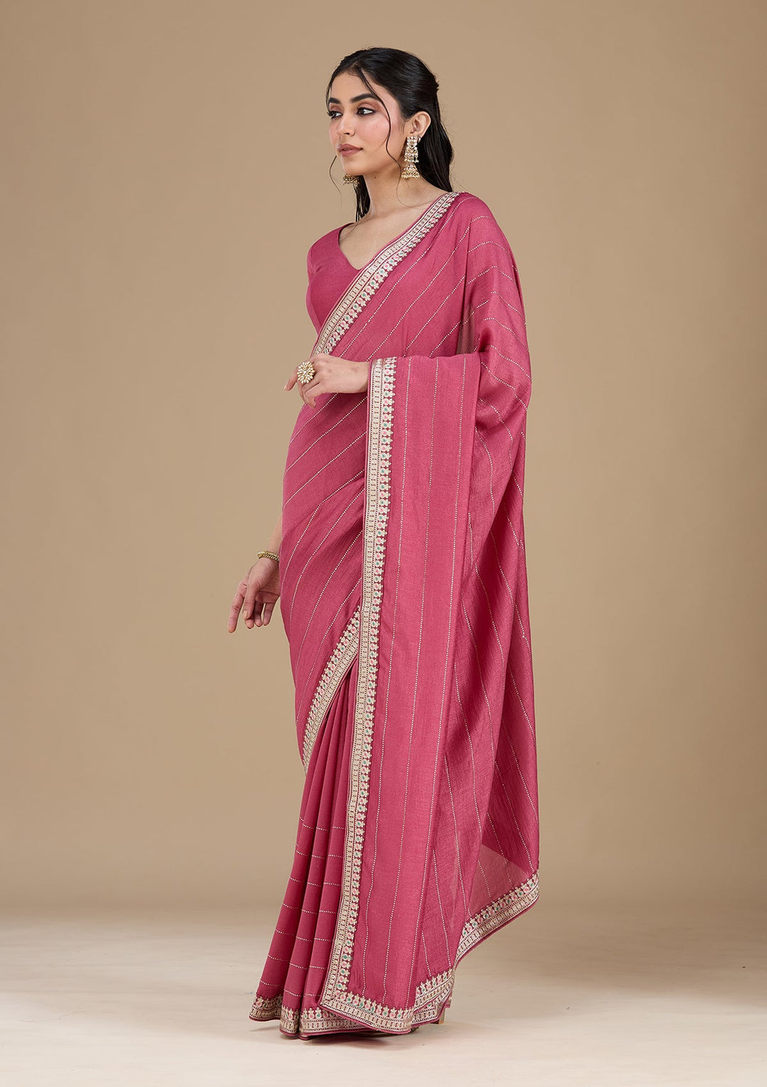 Onion Pink Zariwork (Silver) Soft Raw Silk Saree_koskii