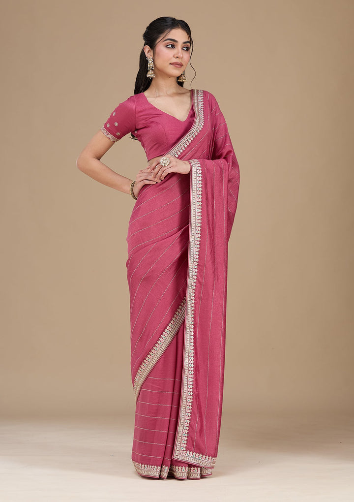 Onion Pink Zariwork (Silver) Soft Raw Silk Saree_koskii