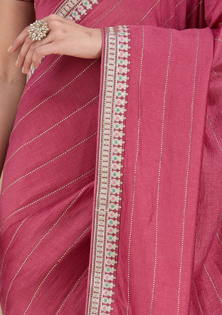Onion Pink Zariwork (Silver) Soft Raw Silk Saree_koskii